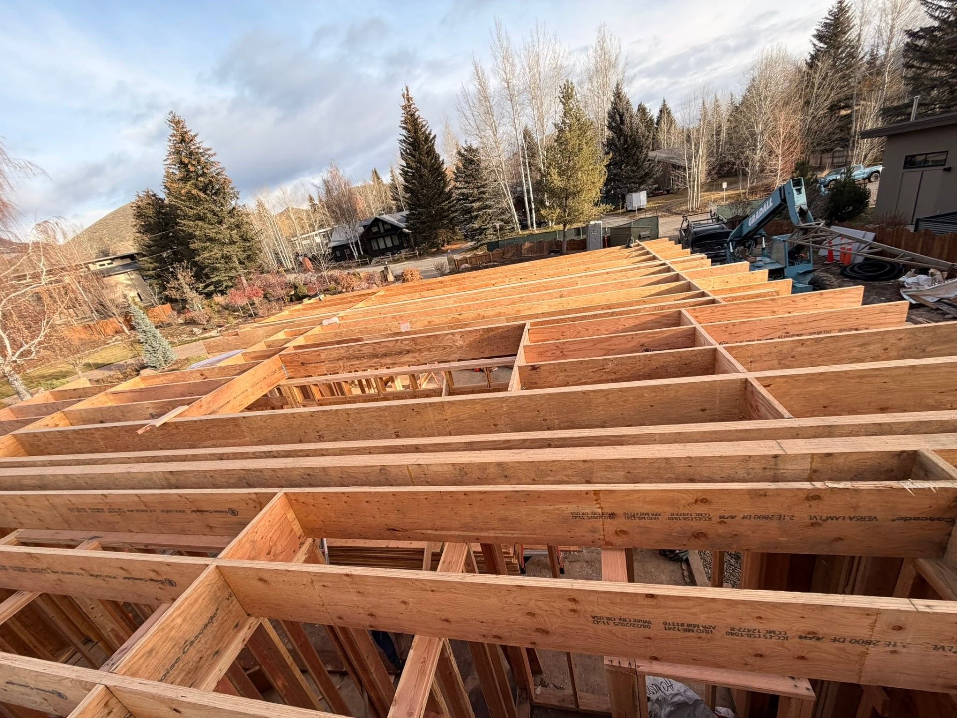 Top-down view of roof floor joists