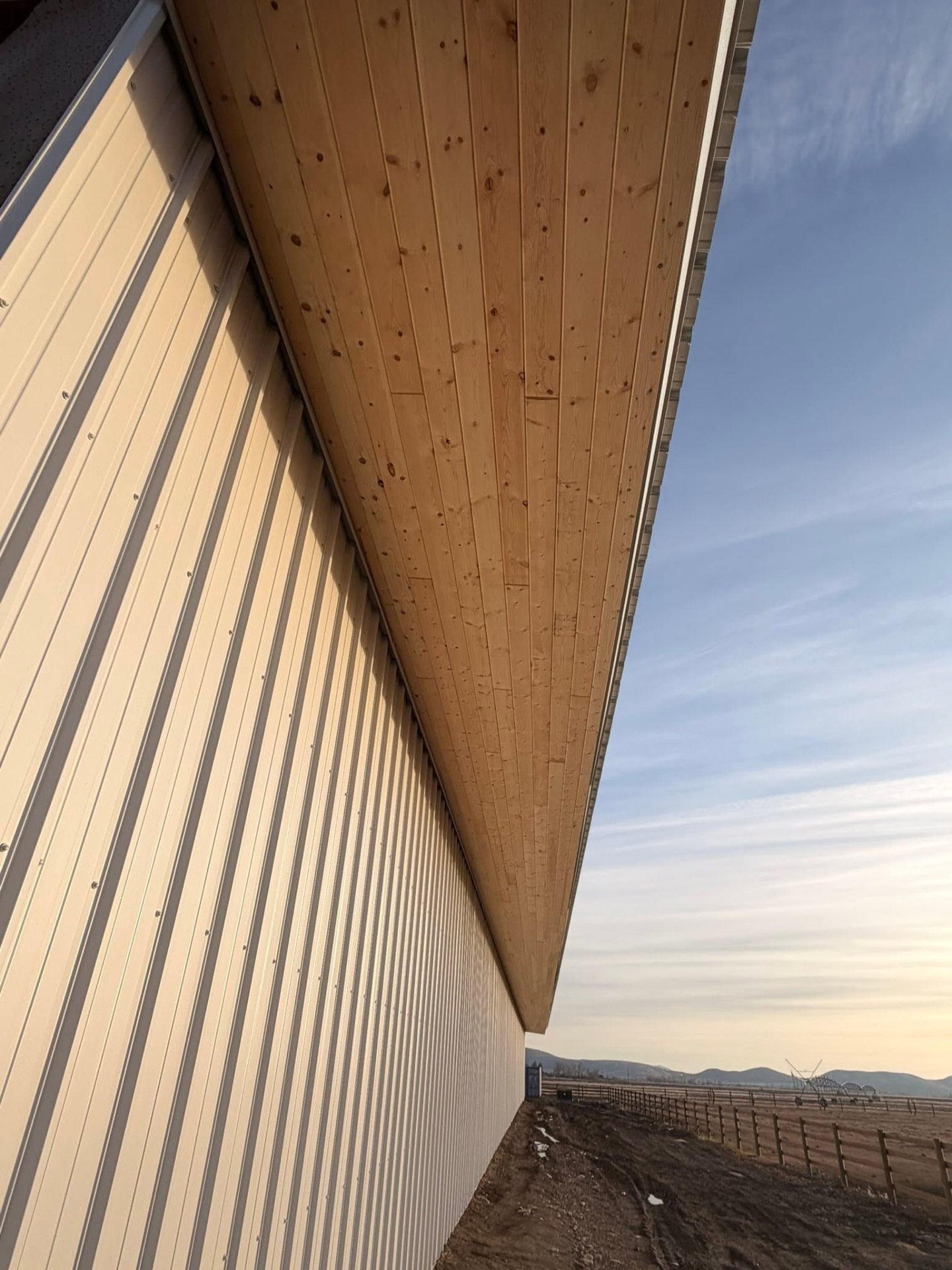 Metal siding with tongue-and-groove wood soffit detail