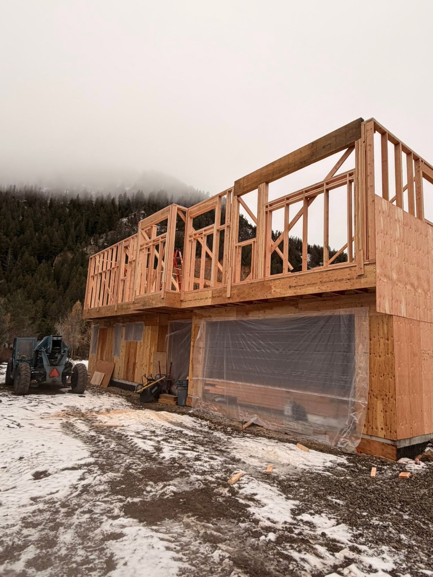 Mountain-side home framing with snow