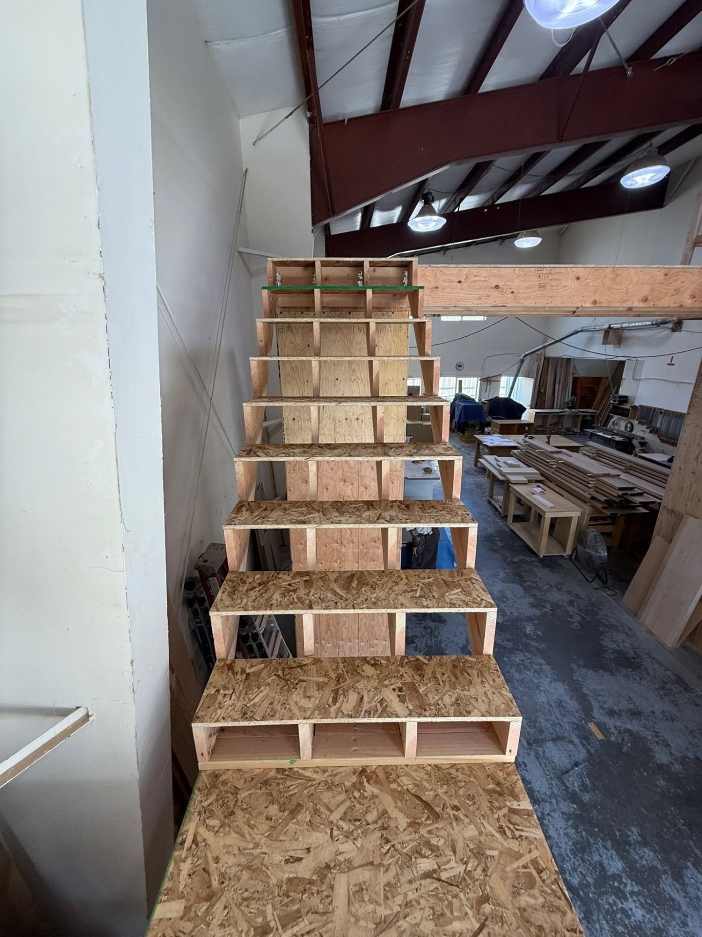 Custom framed staircase in the shop